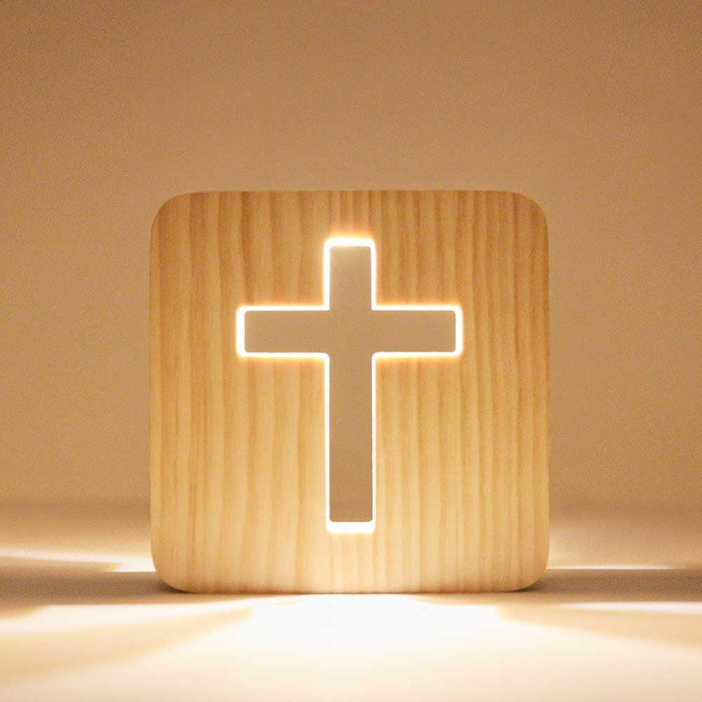 Wood Nightlight, Lantern or Accent Table Lamp with Three Crosses Design - Reclaimed Oak Bases - Easter Lamp - Christian buying or Religious Gift